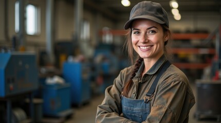 Portrait of a smiling woman welder in an industrial setting with space for text