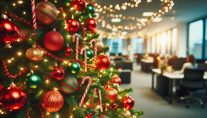 Festive Office Christmas Tree with Red and Green Ornaments and Twinkling Lights
