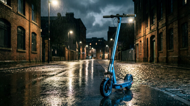 A blue electric scooter rests on a wet cobblestone street at night, surrounded by glowing streetlights, perfect for urban lifestyle visuals. - Powered by Adobe