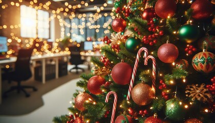 Festive Office Christmas Tree with Red and Green Ornaments and Twinkling Lights