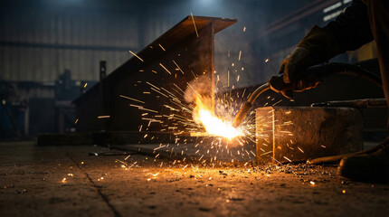 A close-up of a welder's hand using a torch to create sparks in a dimly lit workshop. Ideal for showcasing skilled labor.