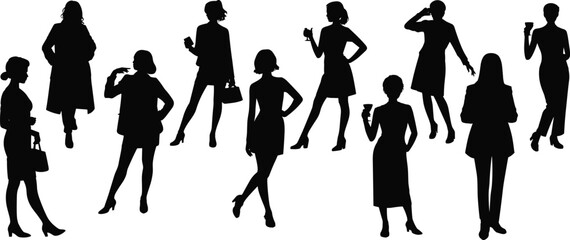 Silhouettes of women posing in various stylish stances, holding drinks and bags, modern fashion lifestyle illustration scene