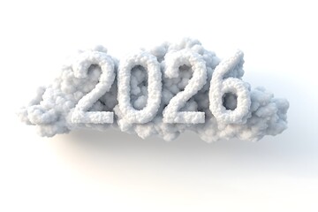 3D Render of 2026 Number Made of Cloud Fluff Against White Background