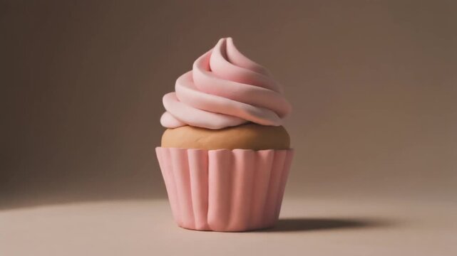 A beautifully decorated single cupcake with vibrant pink swirled frosting, presented in a matching pink liner, offering a delightful and tempting sweet indulgence