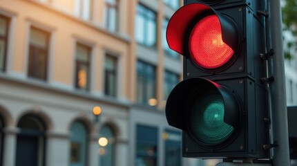 Urban close-up of a traffic light with all three signals visible, red glowing prominently, reflections of sunlight and nearby building windows, emphasizing traffic safety
