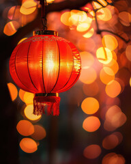 Close-up of glowing red Chinese lantern with warm bokeh lights creating elegant festive Lunar New Year atmosphere