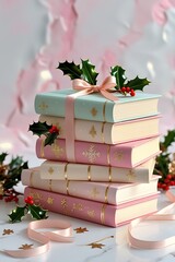 Festive books with holly create holiday magic
