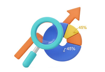 magnifying glass inspecting a multicolored pie chart with an orange upward arrow and percentage labels — ideal for analytics, data insights, growth analysis, KPI tracking, market share, or reporting 