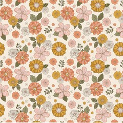 A seamless pattern of retro flowers in shades of pink orange yellow and white with green leaves scattered about