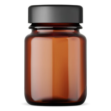 Amber glass bottle mockup. Broun medicine packaging container, isolated vector illustration. Pharmacy drug jar template with black screw lid. Supplement pill vial, beauty vitamin product