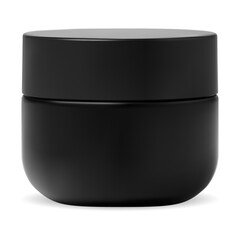 Black plastic jar blank. Cosmetic cream container isolated mockup template. Realistic round package for face skin powder or body gel. Moisturizer cosmetics packaging template, creme butter