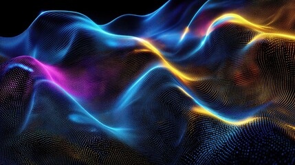 Obraz premium Holographic reconstruction waves flowing particle mesh vibrant cyan magenta golden yellow laser interference patterns digital visualization dark background abstract energy