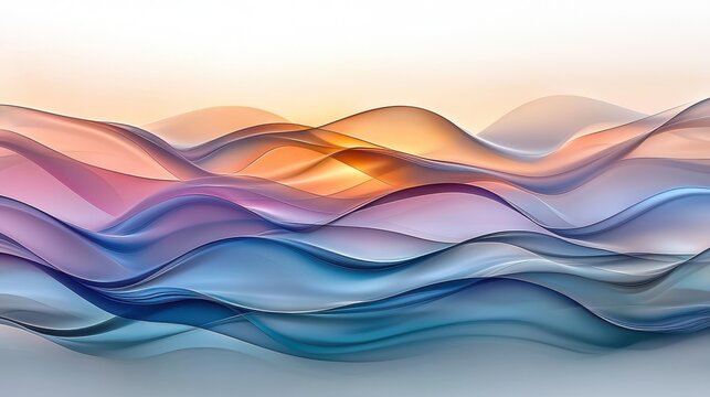 Wave interference bands with flowing translucent layers in gradient blues oranges magentas creating luminous overlapping patterns smooth transitions abstract composition