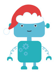 Cute Christmas robot in flat Xmas style, with a Santa hat and cheerful festive character suited for winter holiday designs and modern tech-themed celebration