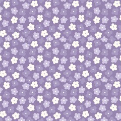 A seamless pattern of small stylized flowers in shades of purple and white on a light purple background