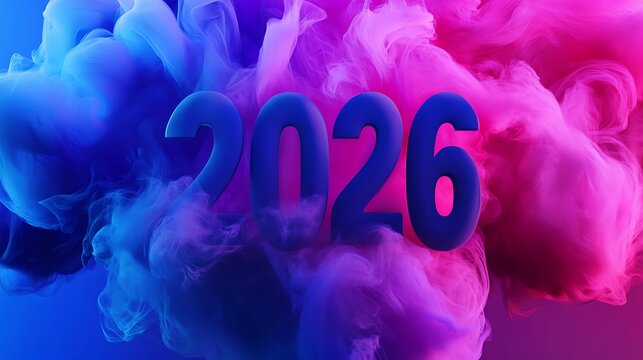 2026 Year in Blue on Pink Purple Smoke Background, Creative Design Element