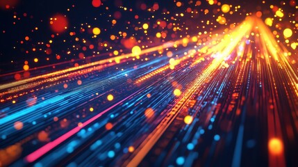 Fototapeta premium Holographic grating patterns with laser interference creating vibrant spectrum diffraction through parallel light streams and luminous particle dispersion effects