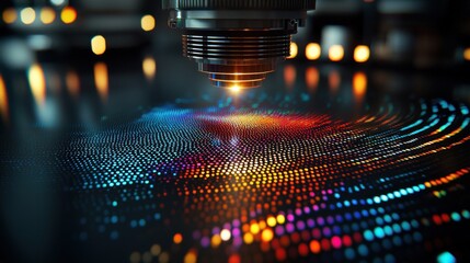 Laser wavelength splitting through precision optical instrument creating vibrant spectrum interference patterns on textured surface technology demonstration science