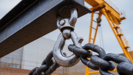 Naklejka premium Close-up of a heavy-duty chain connected to a steel beam with an attachment hook, blurred industrial crane in background, highlighting lifting operations