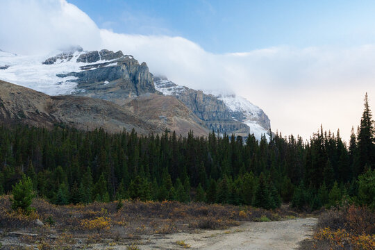 Clouds Rolling Over Mountains with a Forest Below in Alberta, Canada