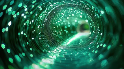 Laser speckle correlation spiral tunnel perspective emerald green wavelengths circular interference patterns depth of field bokeh light spots professional optical