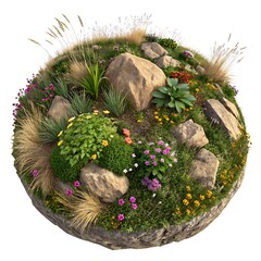 Miniature earth globe with lush green vegetation colorful wildflowers and natural rocks on a white background