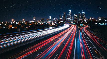 A vibrant cityscape at night showcasing light trails from vehicles on a highway, perfect for long exposure photography enthusiasts.