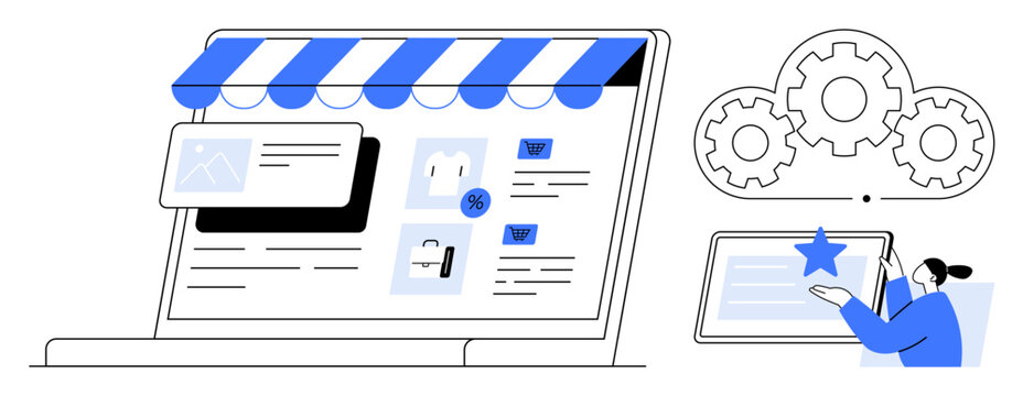 Laptop screen displaying an online shop interface with product options, discount tag, cloud settings gear, and individual customizing content on a tablet. Ideal for business, digital marketing