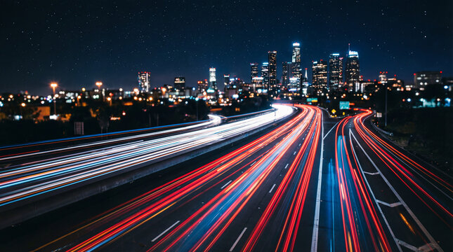 A vibrant cityscape at night showcasing light trails from vehicles on a highway, perfect for long exposure photography enthusiasts.