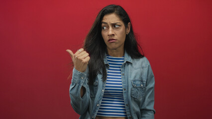 Woman pointing thumb to the side in studio with red wall, wearing blue striped top and denim jacket, furrowed brow and puzzled expression; confusion.