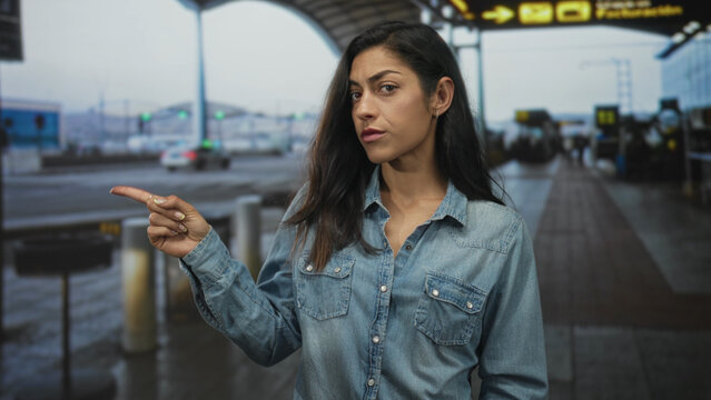 Woman points finger at terminal curbside outdoors at airport with visible hand gesture and stern questioning expression wearing denim shirt; skepticism.