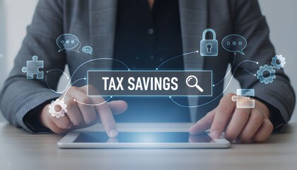Businessperson in a suit using a digital tablet to search for tax savings opportunities online, surrounded by financial and technology icons.