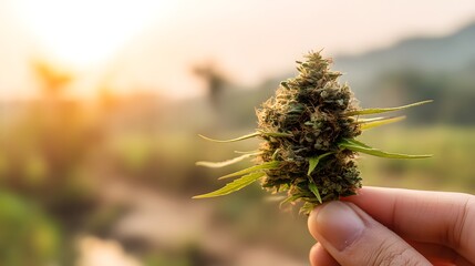 Hand holding a marijuana plant. The plant is small and has a lot of leaves. The sun is setting in the background, creating a warm and peaceful atmosphere