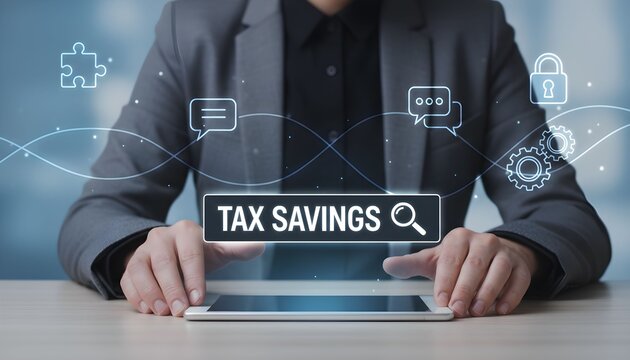 Person in a suit using a tablet with the words 'TAX SAVINGS' displayed on the screen.