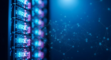 Data center servers with glowing lights and abstract background for cloud computing