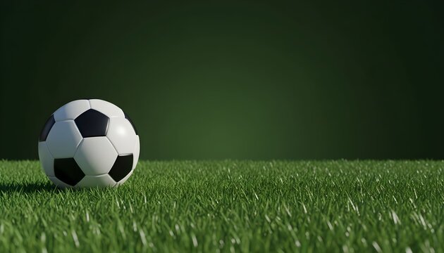 A classic black and white soccer ball sits on vibrant green grass with a dark green blurred background.