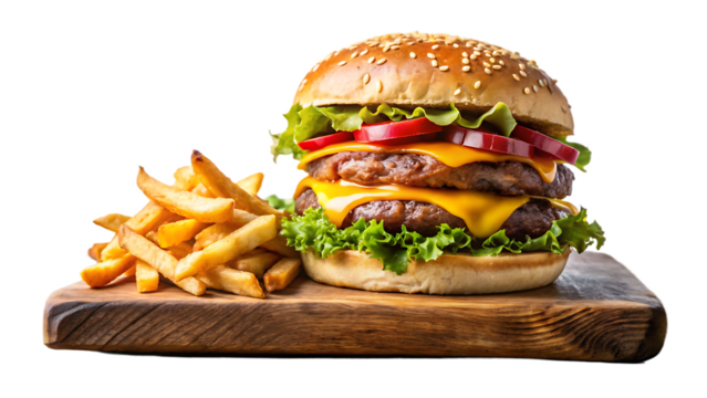 A juicy cheeseburger with crispy golden fries, professionally shot on a rustic wooden table on a Pure White Background and transparent background - Powered by Adobe