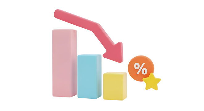 3D pastel bar chart showing declining bars with a downward red arrow and percent/star marker &mdash; suited for sales decline, price drops, discounts, reduced rates, analytics showing decrease, or negative 