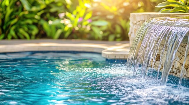 Tranquil poolside waterfall, lush greenery