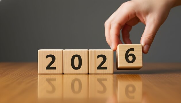 A person's hand places the final wooden block to complete the number 2026, symbolizing the new year and future planning.