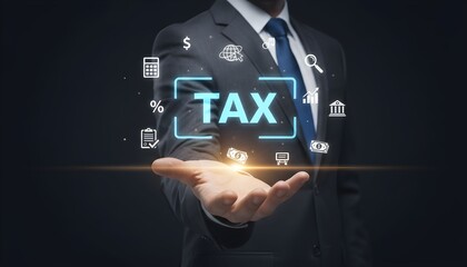 A businessman in a suit presenting a holographic "TAX" concept with various financial icons.