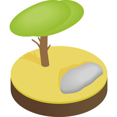 Isometric Tiny Island Landscape With A Tree A Rock And Yellow Ground Under A Transparent Background