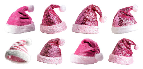 Obraz na płótnie Canvas PNG Festive pink Santa hats collection, element set on transparent background