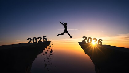 Silhouette of a person leaping across a chasm between cliffs labeled 2025 and 2026 at sunset.