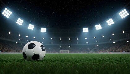 Fototapeta premium A soccer ball rests on the green grass of a stadium, illuminated by bright lights.
