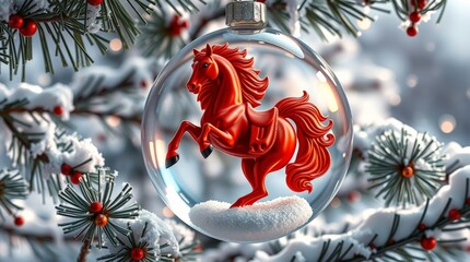 Clear Christmas Bauble with Red Rearing Horse Figurine on Snowy Winter Pine Branch Background_10
