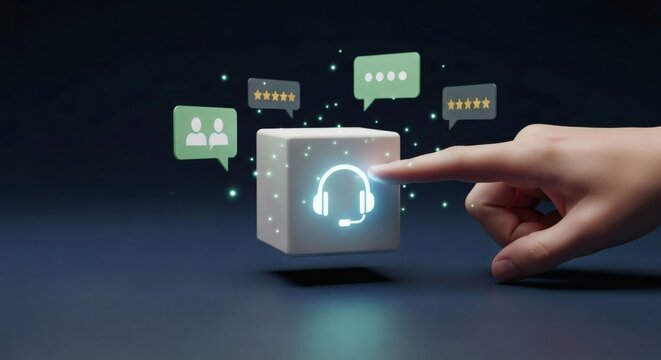 Customer experience and service interaction. Touching support cube with green chat icons