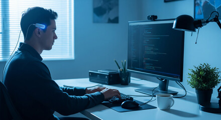 focused man works on coding at modern desk with technology