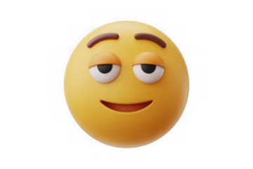 Smirking 3d rendered emoji with yellow spherical face and brown eyebrows expressing mischief