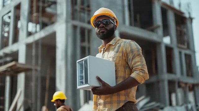 A construction worker wearing a hard hat and sunglasses holds a window frame at a building site